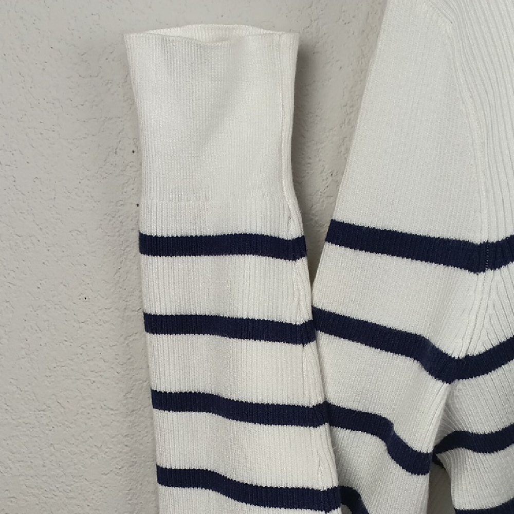 Anne Klein Womens Navy Blue/ White Striped Long Sleeve Knit Sweater sz L - Picture 7 of 12